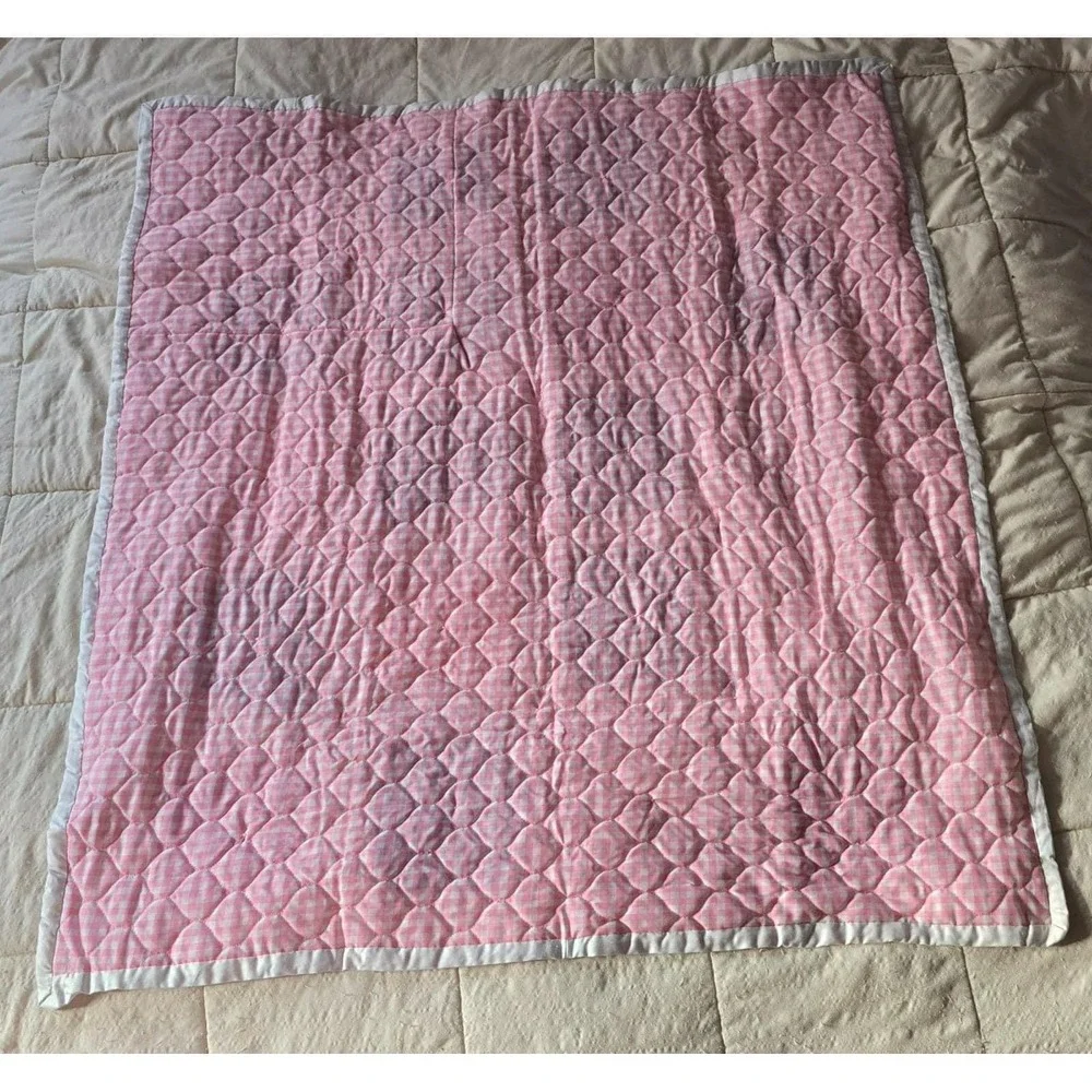 Handmade Tied Patchwork Quilt 43x39 Floral Pink Gingham Kid/Small Lap Blanket